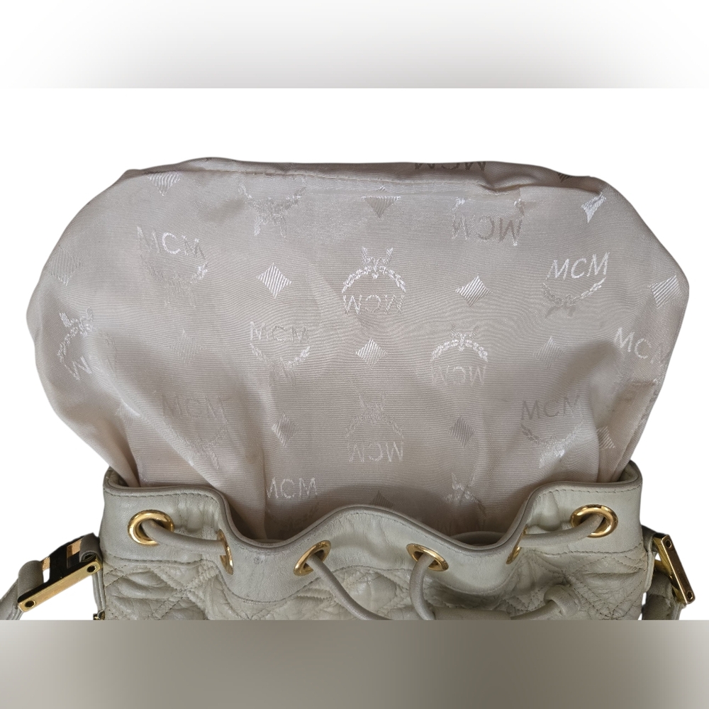 MCM Cream Quilted Crossbody Bucket Bag - Picture 11 of 13